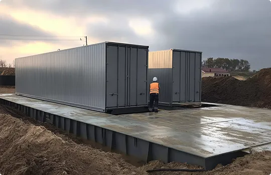 Внутри: фильтры, насосы, автоматизация, баки